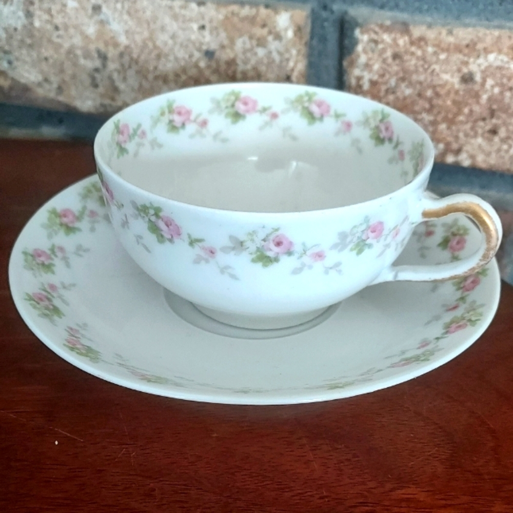 Theodore Haviland Limoges France Teacup Saucer Pink Green Roses Gold Trim